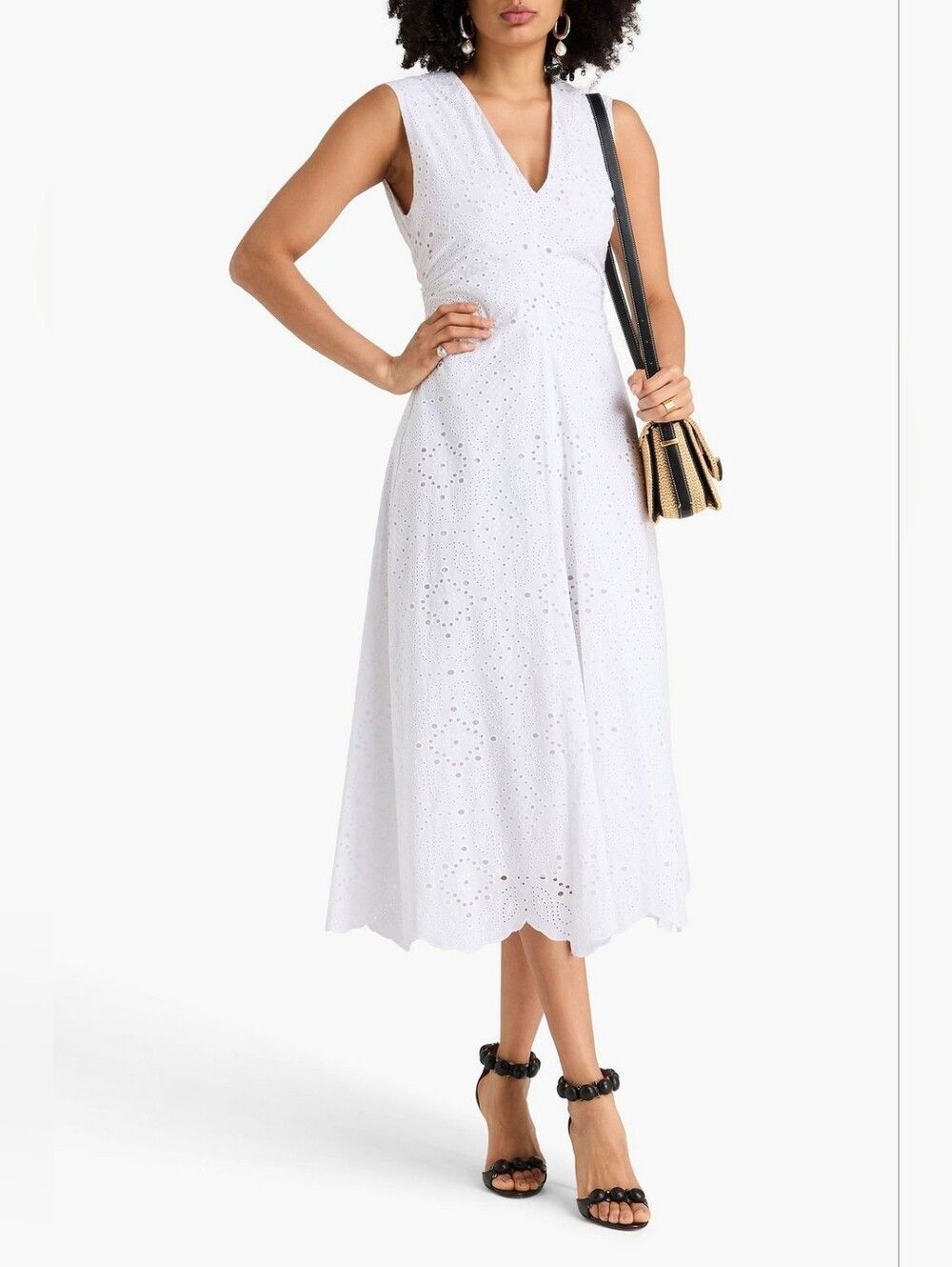 Veronica Beard Aven Eyelet White Eyelet V-Neck Midi Dress